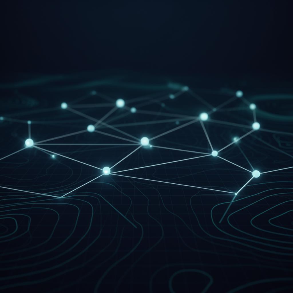 Abstract visualisation of a secure enterprise network of connected nodes